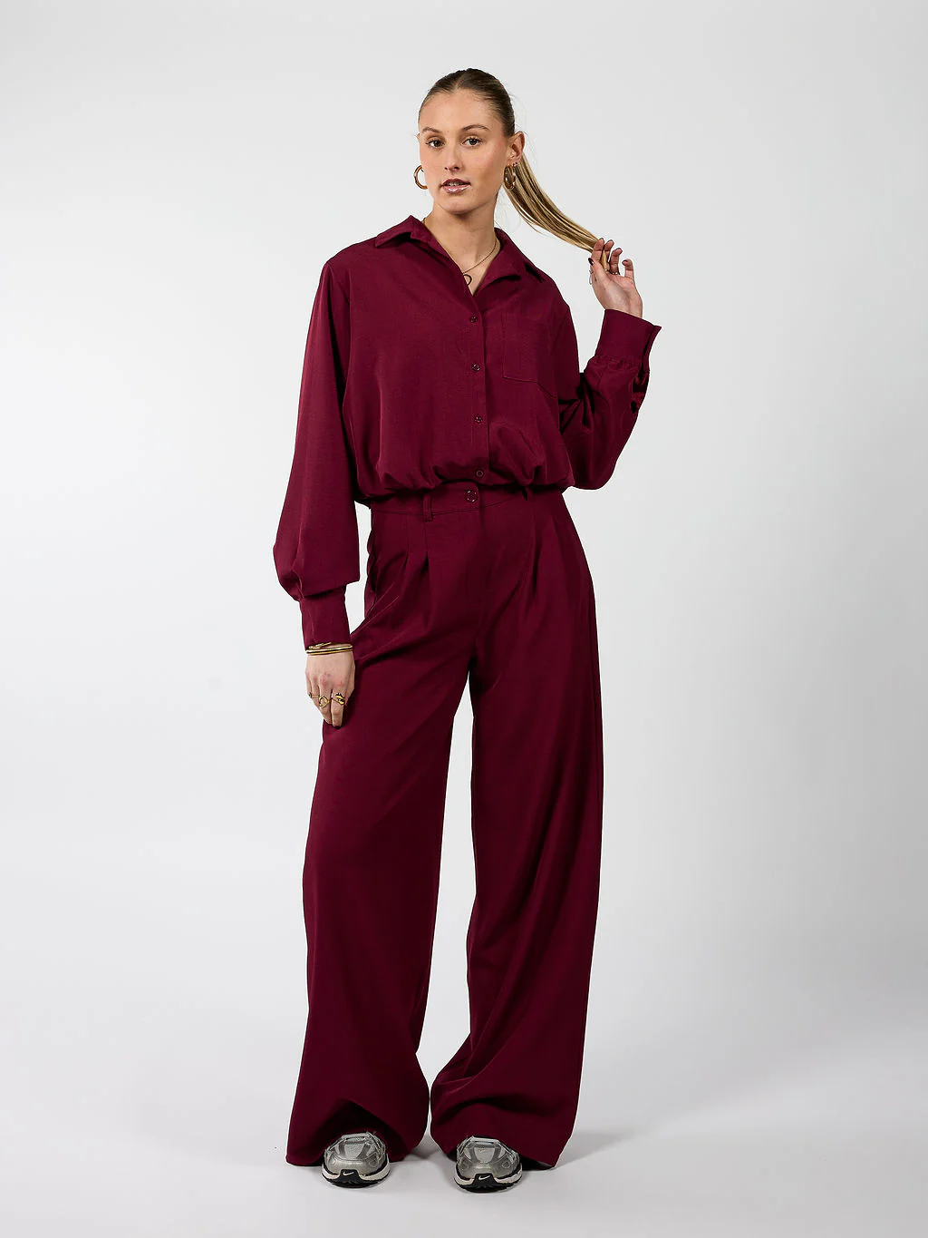 Jip | Wide leg pantalon met plooien | Bordeaux | Tall - Image 3