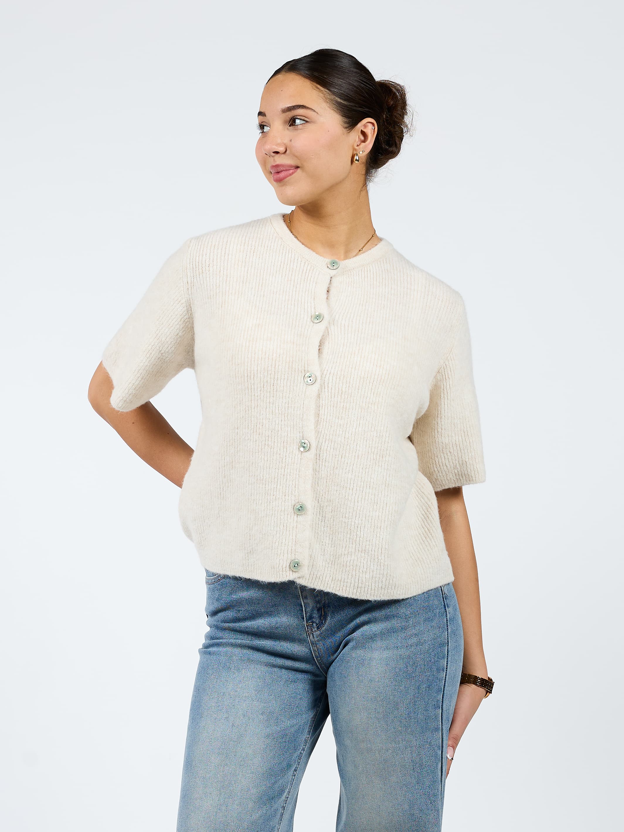 Lena Gebreid Vest met Knoopjes | Cream | Tall