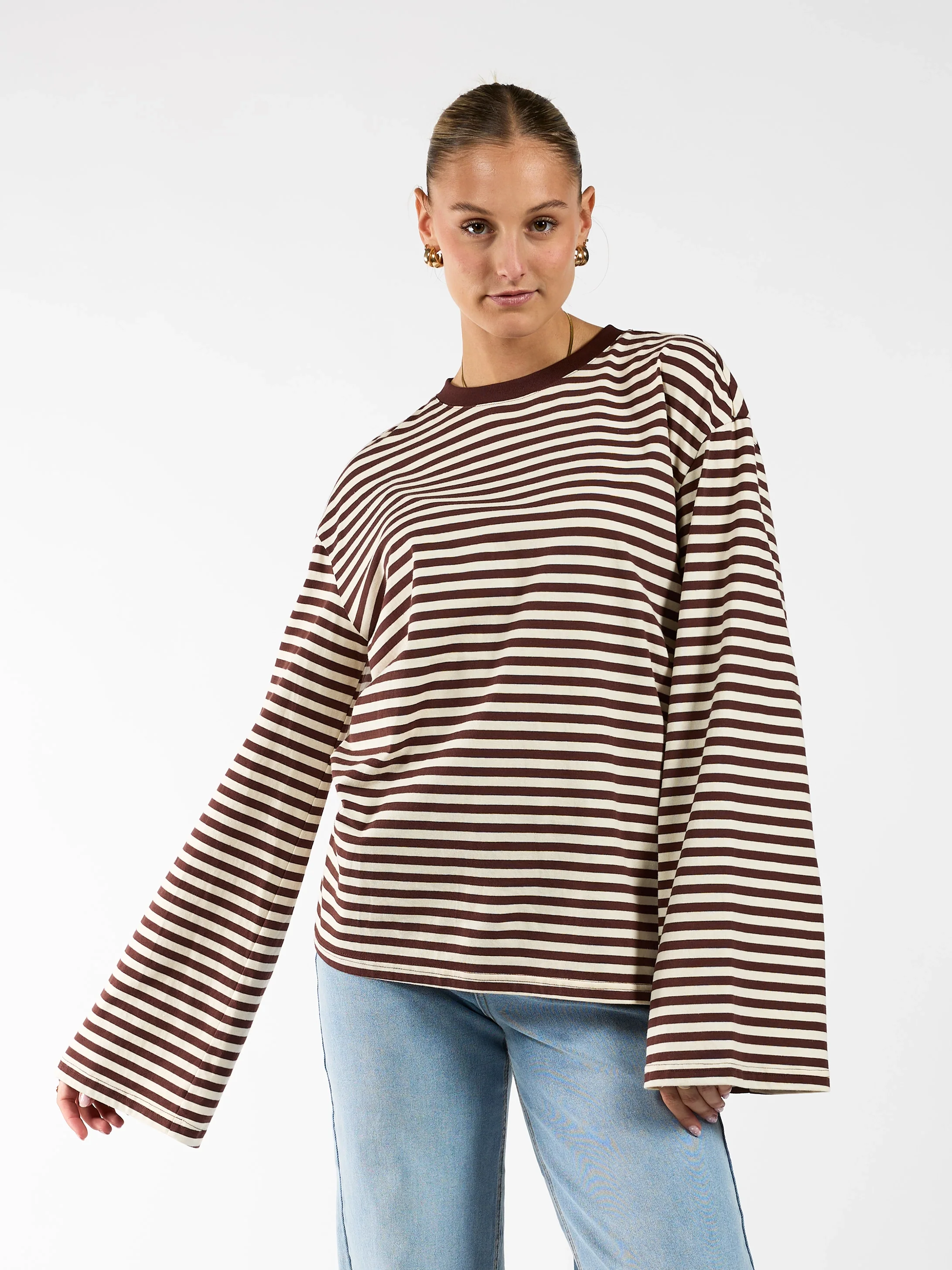 Nine Tee | Wijd uitlopende mouw | Gestreept cream bruin | Tall - Image 3