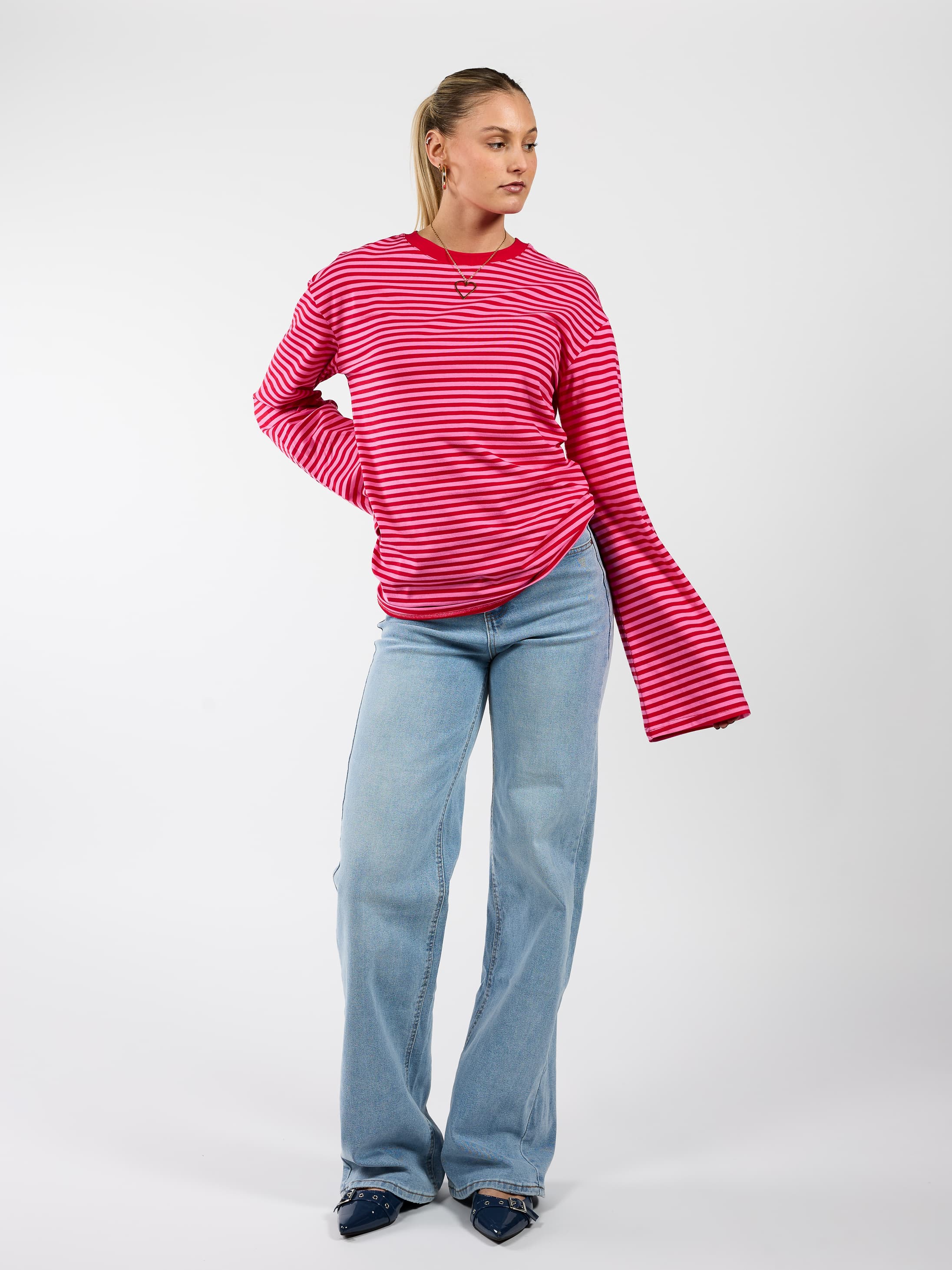 Nine Tee | Wijd uitlopende mouw | Gestreept roze rood | Tall - Image 3