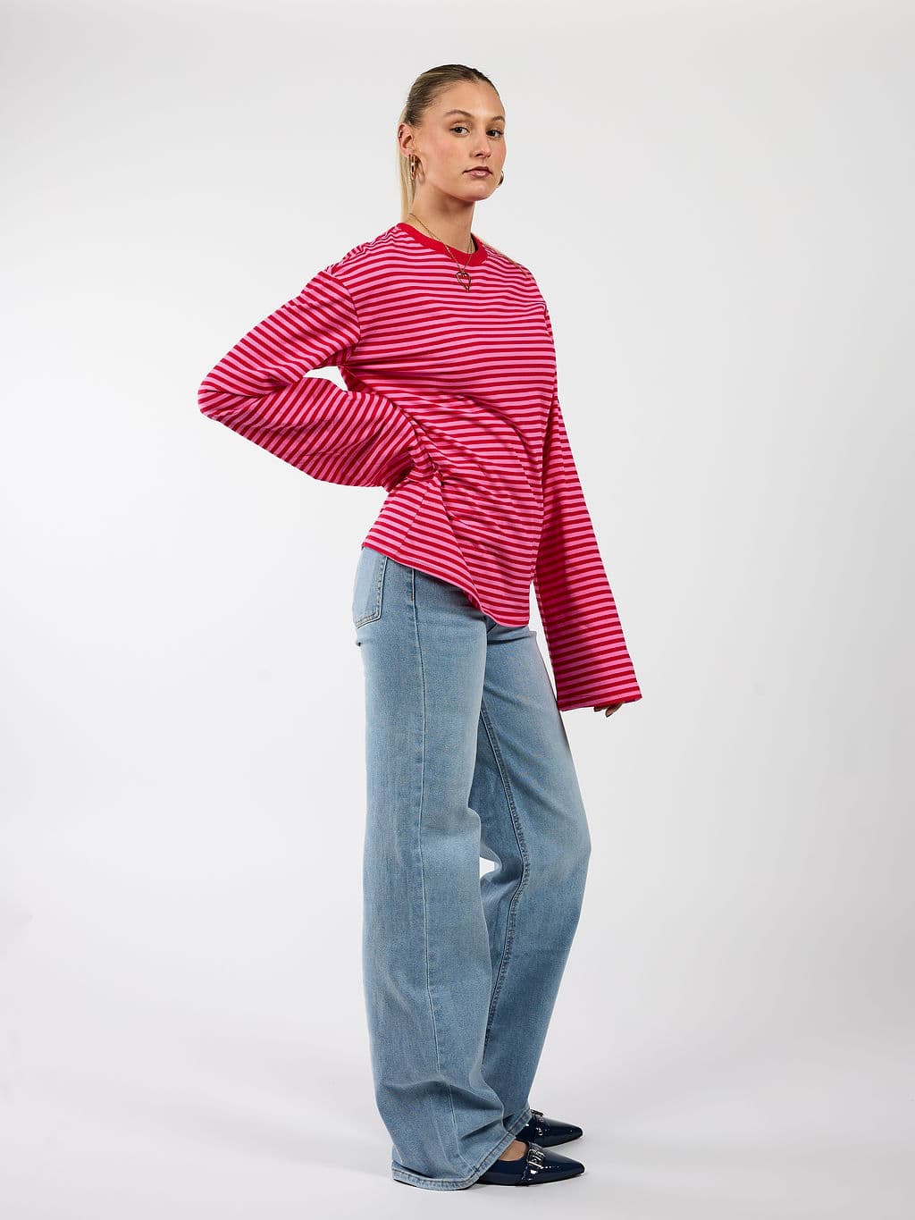 Nine Tee | Wijd uitlopende mouw | Gestreept roze rood | Tall - Image 4