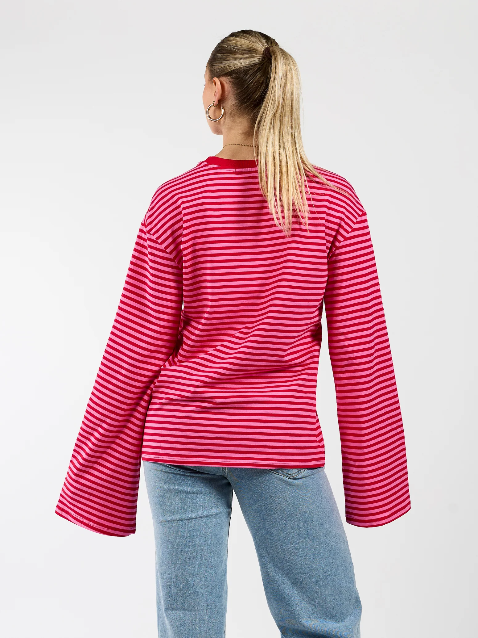 Nine Tee | Wijd uitlopende mouw | Gestreept roze rood | Tall - Image 5
