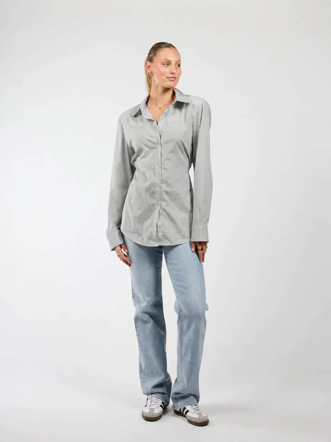 Sem getailleerde blouse | Grijs gestreept | Tall - Image 7
