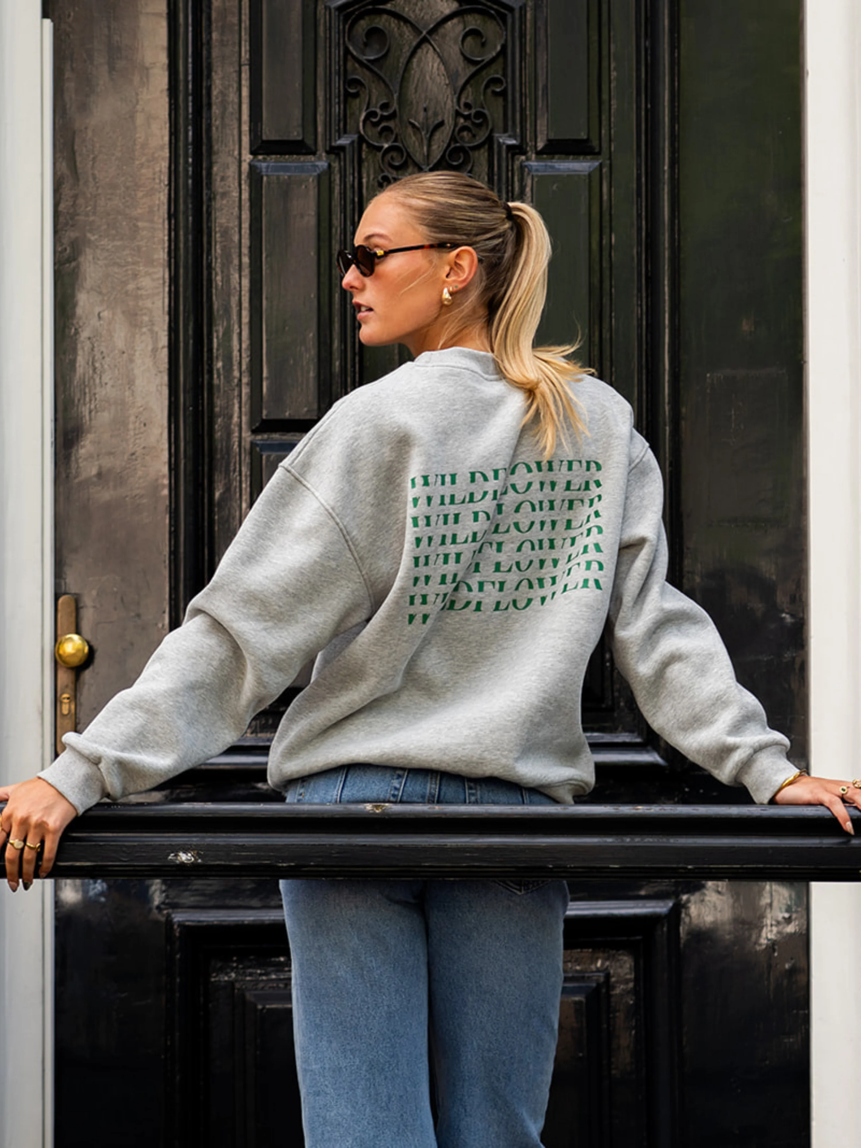 Sweater Wildflower | Grijs met groene opdruk | Tall - Image 3